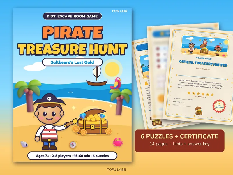 Pirate escape room cover with a kid pirate and a treasure chest on a beach