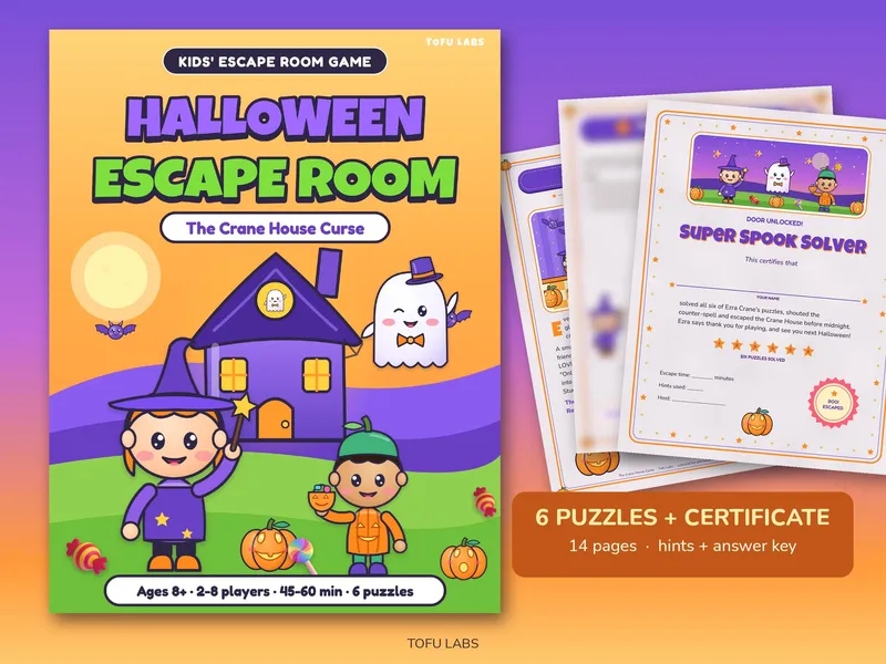 Halloween escape room cover with a purple haunted house and two kids in costume