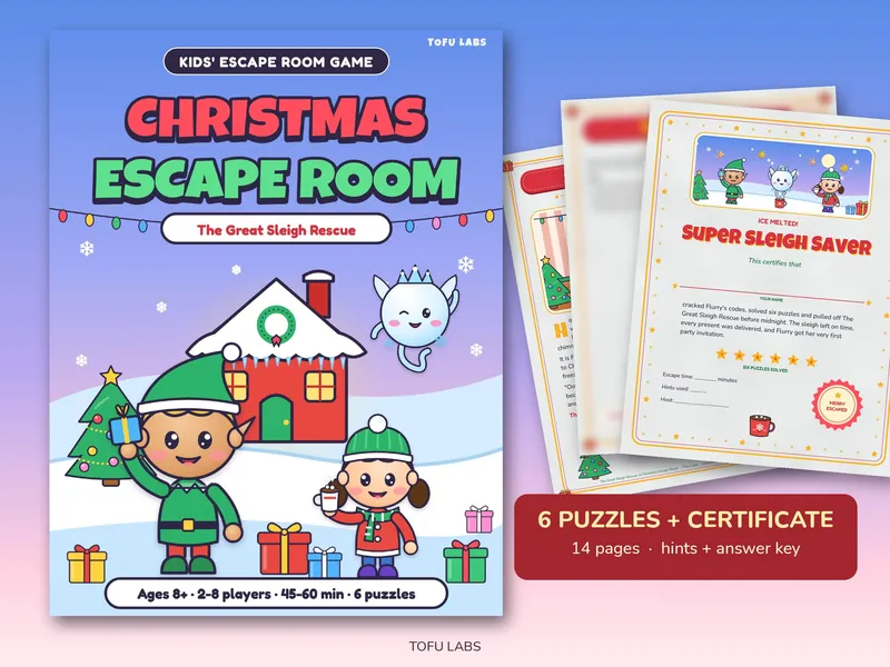 Christmas escape room cover with an elf and a snowy toy workshop