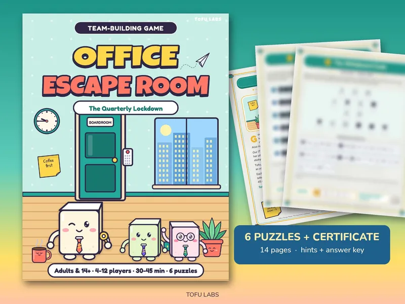 Office escape room cover with Tofu in a tiny tie by a boardroom door