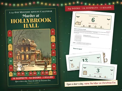 Murder at Hollybrook Hall advent calendar cover with numbered doors
