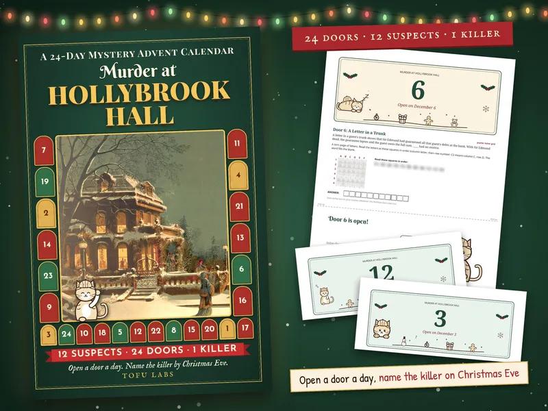 Murder at Hollybrook Hall advent calendar cover with numbered doors