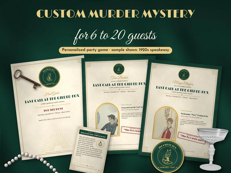 Sample custom murder mystery: invitations and character pages for a 1920s speakeasy party