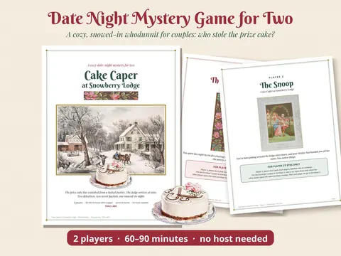 Cake Caper at Snowberry Lodge pages with a snowy lodge and a cake