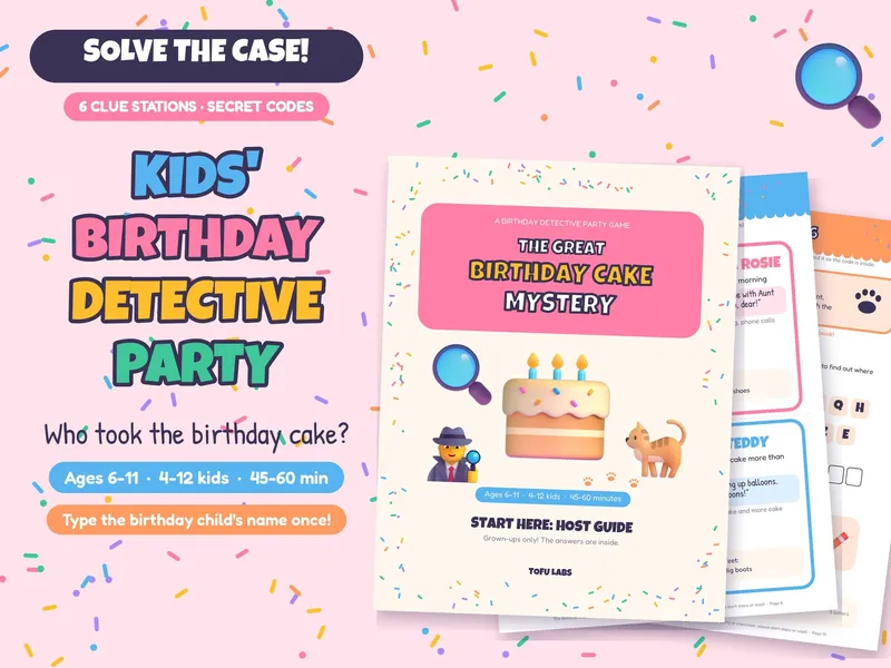 The Great Birthday Cake Mystery kids detective party pages in pink and yellow