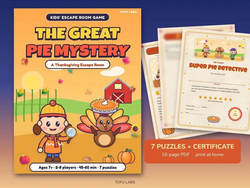 Thanksgiving escape room cover with a kid, a turkey and a pie