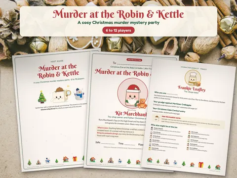 Murder at the Robin & Kettle host guide and character booklets on a table with nuts and pine cones