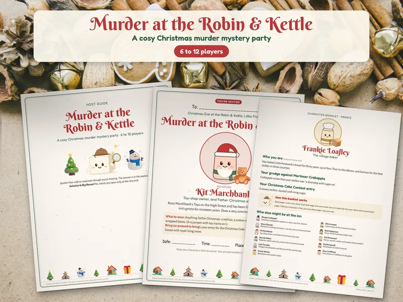 Murder at the Robin & Kettle host guide and character booklets on a table with nuts and pine cones