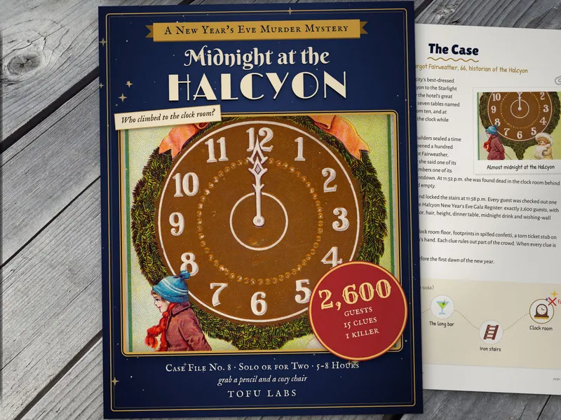 Cover of Midnight at the Halcyon with a big clock face at nearly midnight
