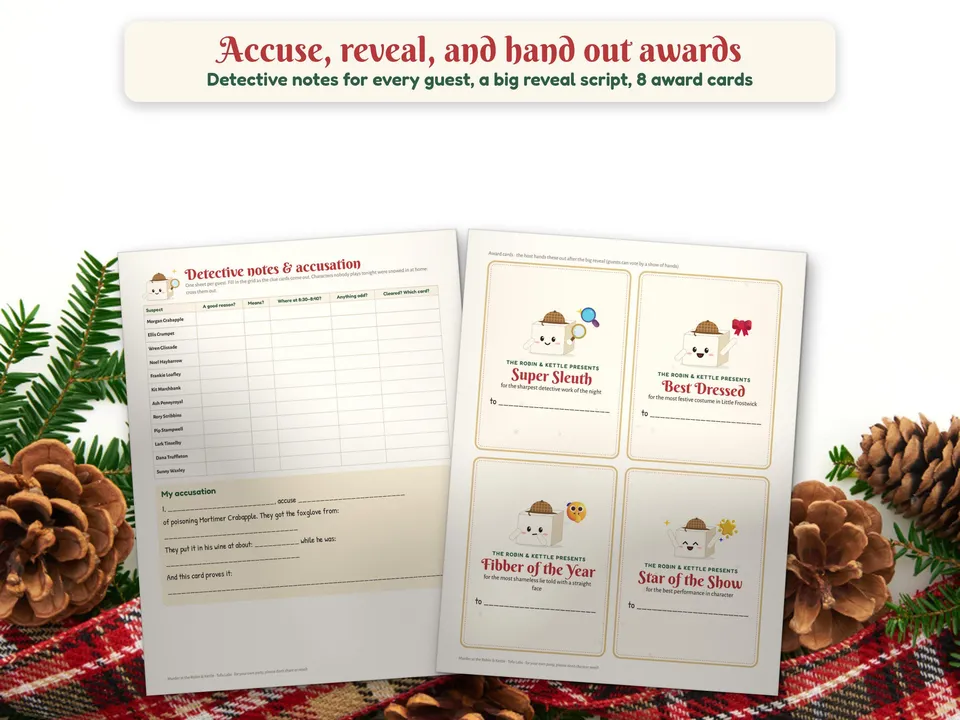 Detective notes, accusation sheets and award cards