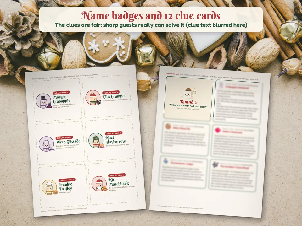 Name badges and clue cards for a murder mystery party