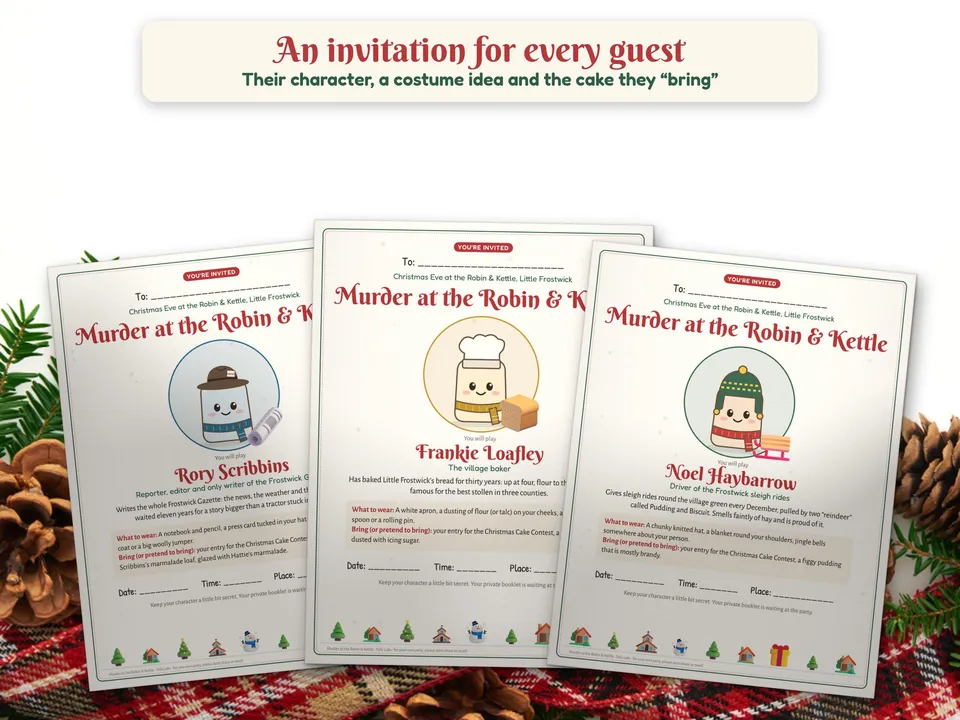 Three character invitations for a Christmas murder mystery party